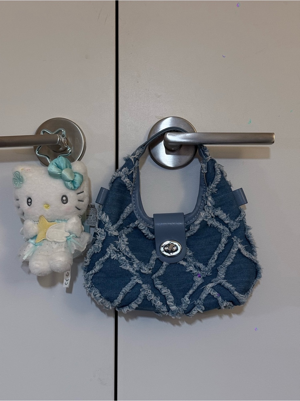 Blue Denim Quilted Kids Handbag with Turn-Lock Closure